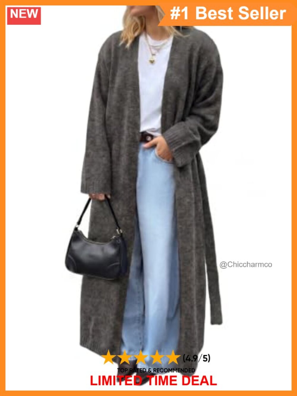 Oversized Long Knit Cardigan Open Front Belted Sweater